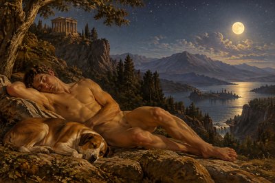 ancient greek athlete without clothing sleeps by moon light and stars with a dog resting beside him