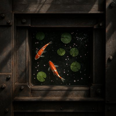 A koi pond seen from above, orange and white koi fish swimming among lily pads, clear water with subtle ripples, fallen cherry blossom petals floating on the surface, dappled sunlight