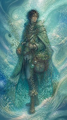 full-body original character: a wandering botanist with a satchel of plants, a patched green cloak, tall boots and round glasses, neutral background
