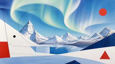a flowing aurora over snowy peaks, wide sweeping composition, no people, no text