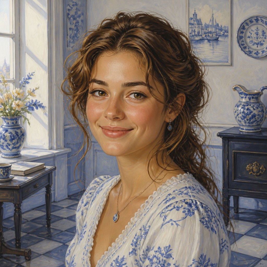 head-and-shoulders portrait of an original character: a young woman with wavy chestnut hair and a warm smile, plain soft backdrop
