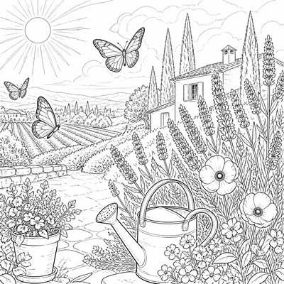 a garden scene with butterflies, flowers and a watering can, clean uncolored line art, no text
