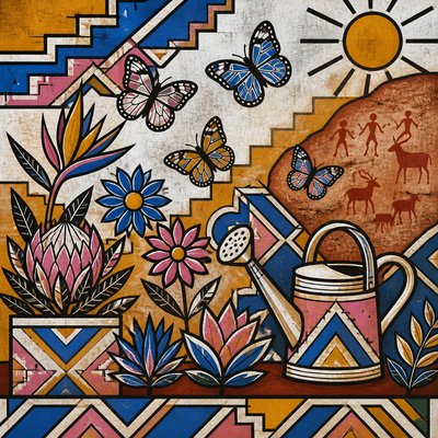 a garden scene with butterflies, flowers and a watering can, clean uncolored line art, no text