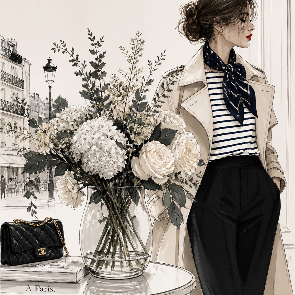 bouquet of flowers in a glass vase — Parisian Chic Fashion Style