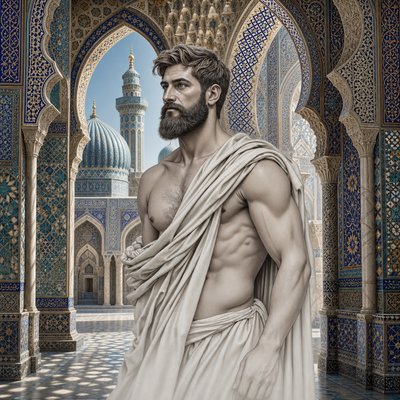 a man with a beard standing in front of a building