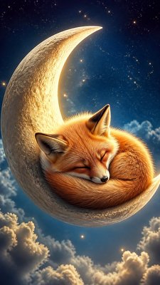 a sleeping baby fox curled on a crescent moon among soft stars, gentle and warm, no text