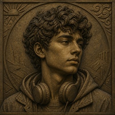 head-and-shoulders portrait of an original character: a young man with curly dark hair and headphones around his neck, plain backdrop, no text