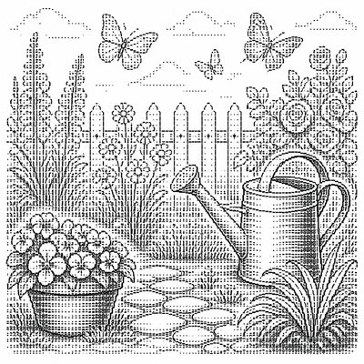 a garden scene with butterflies, flowers and a watering can, clean uncolored line art, no text