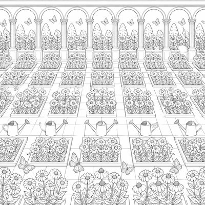 a garden scene with butterflies, flowers and a watering can, clean uncolored line art, no text