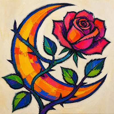 a rose entwined with a crescent moon, clean balanced composition on a plain background, no text
