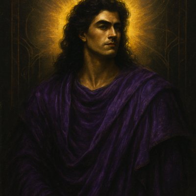 Understood! Let's refine this to specifically identify the subject as male and ensure the luxurious purple clothing receives significant emphasis, moving beyond just an aura. This will create a truly regal and striking image based on Song of Songs 5:11.

Here's the revised prompt:

AI Art Prompt:

"A powerful and opulent male portrait, dramatically lit and styled, directly inspired by Song of Songs 5:11. The subject's head is crowned with dramatically wavy hair that is intensely, profoundly black—like the glossy, wet feathers of a raven. His gaze is commanding and serene. He is draped in sumptuous, rich royal purple garments made of flowing velvet or silk, featuring intricate drapes and folds that catch the light, emphasizing their regal texture. A radiant, ethereal golden light emanates from around the crown of his head, symbolically representing "purest gold," casting highlights onto his features and the luxurious purple fabric. This golden light and the deep purple of his attire are set against a background of mysterious, yet elegant black shadow and subtle Art Deco-inspired geometric patterns that reinforce the high-contrast aesthetic. The overall mood is one of majestic beauty, divine royalty, and profound symbolic opulence, with the black and purple colors dominating the composition