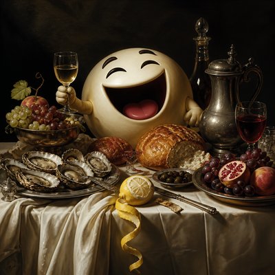 an exaggerated laughing face of an original round mascot character, bold and readable at small size, plain background, no text