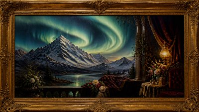 a flowing aurora over snowy peaks, wide sweeping composition, no people, no text
