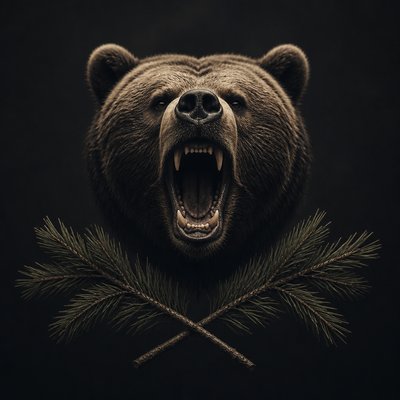 a roaring bear head above crossed pine branches, bold graphic composition on a plain background, no text
