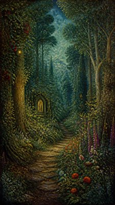 a mysterious forest path with fireflies and drifting mist, atmospheric vertical composition with open space at the top, no text
