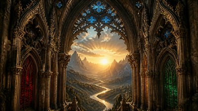 a vast valley with a river winding toward distant mountains at sunrise, no people, no text