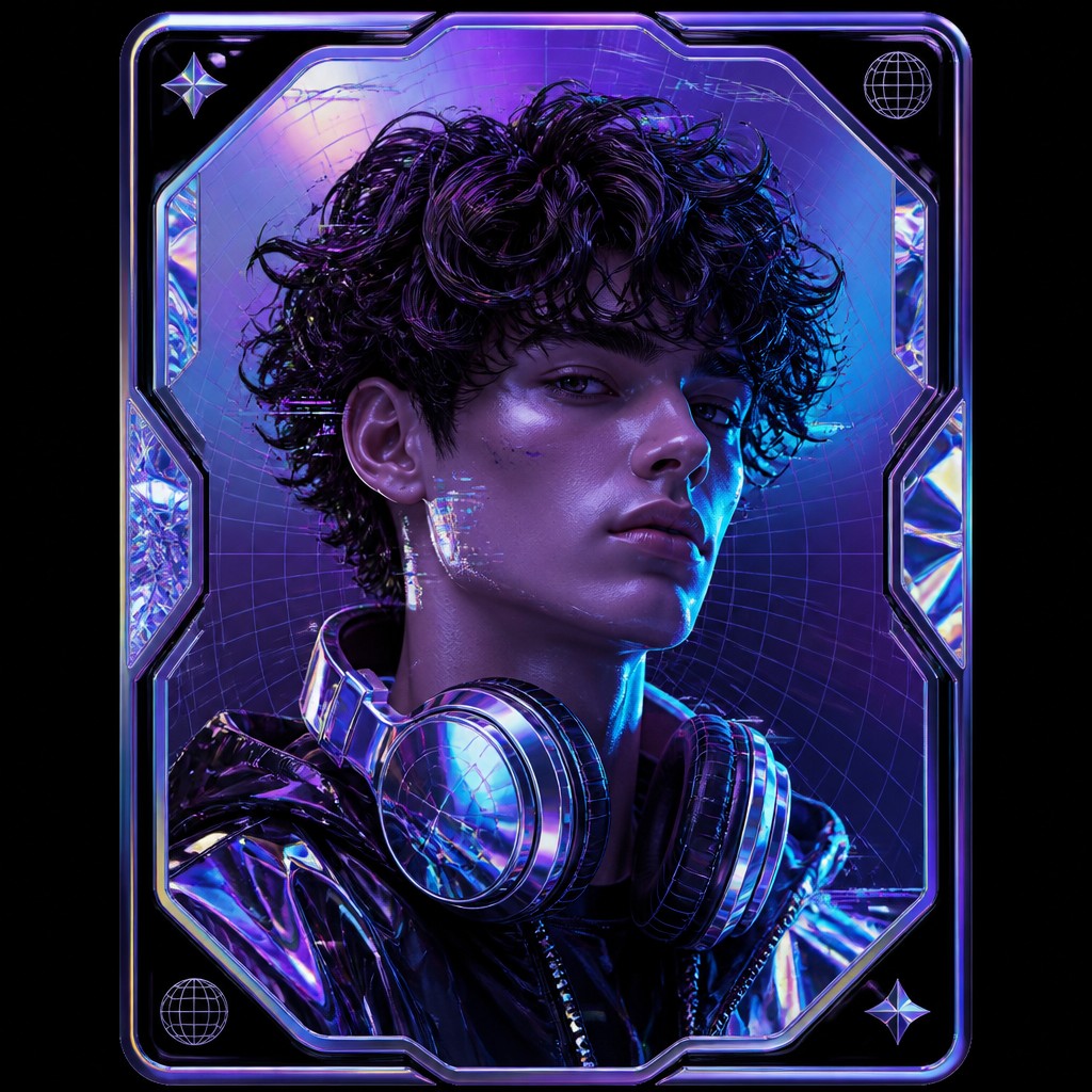 head-and-shoulders portrait of an original character: a young man with curly dark hair and headphones around his neck, plain backdrop, no text