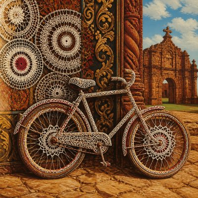 bicyle resting against a wall — Paraguayan Art Style