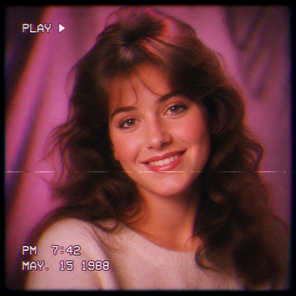 head-and-shoulders portrait of an original character: a young woman with wavy chestnut hair and a warm smile, plain soft backdrop