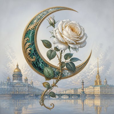 a rose entwined with a crescent moon, clean balanced composition on a plain background, no text