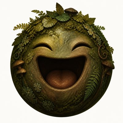 an exaggerated laughing face of an original round mascot character, bold and readable at small size, plain background, no text