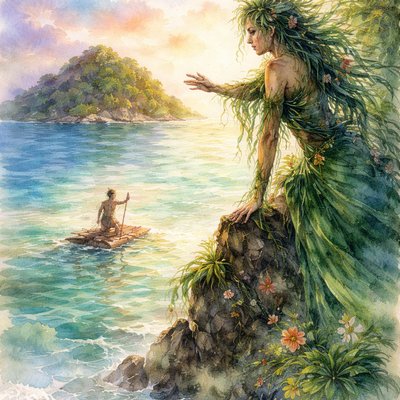 From a little distance, An island goddess spirit robed in green leaves
observes a castaway man sailing a raft towards a larger island in the distance. The goddess spirit looks sad to see him leave and reaches a hand towards him but is unseen

