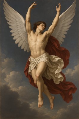 a painting of a man with wings in the air