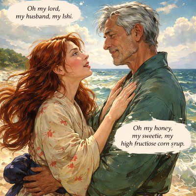 Express this dialogue: "Oh my lord, my husband, my Ishi." Spoken by a female with long red hair to her husband a bit older than her, clean shaven face and silvery hair replies, "Oh my honey, my sweetie, my high fructose corn syrup".. 