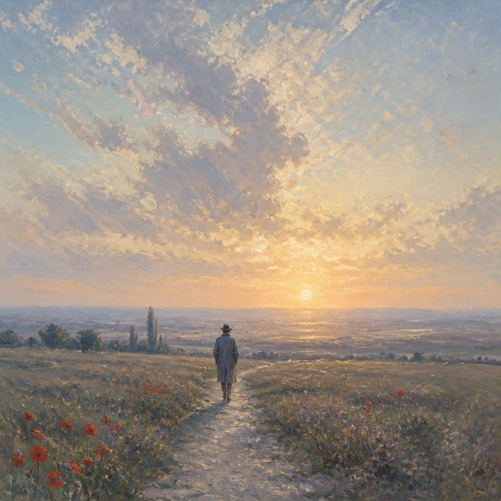 a solitary figure walking toward a glowing horizon across an empty plain, moody atmosphere, no text or lettering