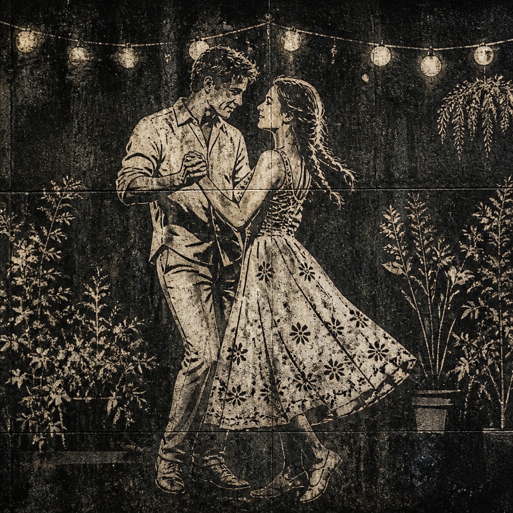 an original couple dancing under string lights in a garden at dusk: a man with short black hair in a linen shirt and a woman with braided red hair in a summer dress