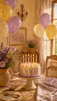 a birthday cake with lit candles surrounded by balloons and confetti, festive vertical composition, no text
