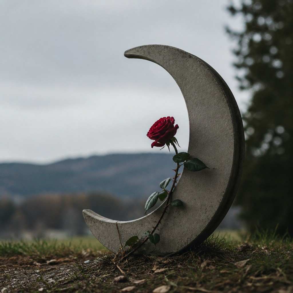 a rose entwined with a crescent moon, clean balanced composition on a plain background, no text