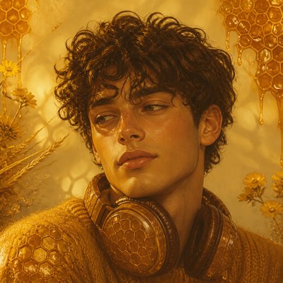 head-and-shoulders portrait of an original character: a young man with curly dark hair and headphones around his neck, plain backdrop, no text