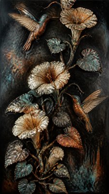 a climbing vine of flowers and hummingbirds on a dark background, tall wrapping composition, no text