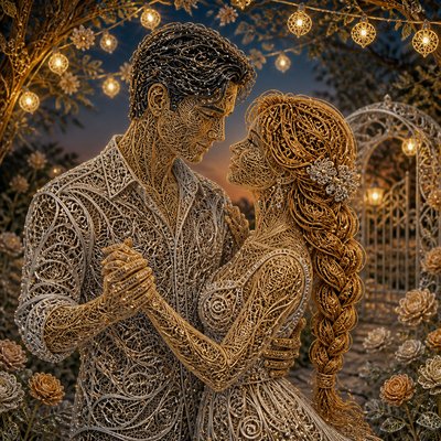 an original couple dancing under string lights in a garden at dusk: a man with short black hair in a linen shirt and a woman with braided red hair in a summer dress