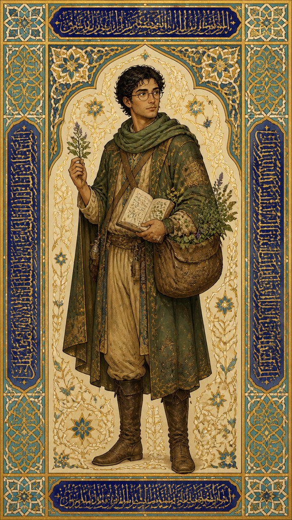 full-body original character: a wandering botanist with a satchel of plants, a patched green cloak, tall boots and round glasses, neutral background