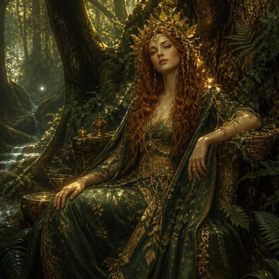 Une deesse or et vert qui est rousse