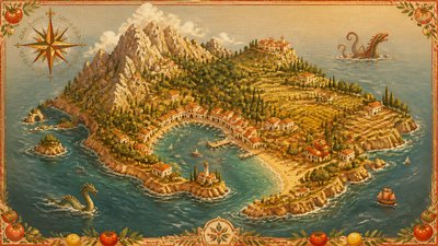a map of an island realm with mountains, forests, a sheltered bay, sea monsters in the water and a compass rose, no text labels