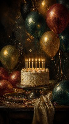 a birthday cake with lit candles surrounded by balloons and confetti, festive vertical composition, no text