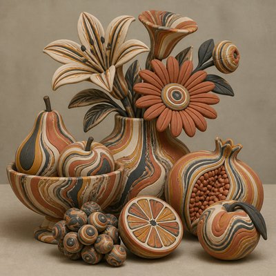 still life arrangement of fruits and flowers