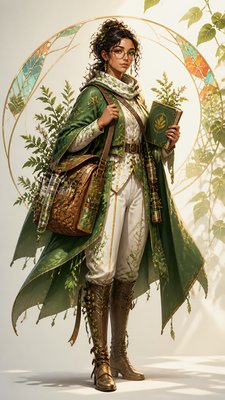 full-body original character: a wandering botanist with a satchel of plants, a patched green cloak, tall boots and round glasses, neutral background