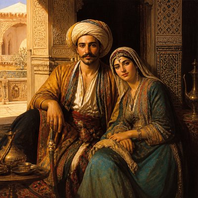 portrait of two people together — Orientalist Painting Style