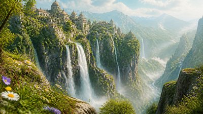 a cliffside city with waterfalls cascading into a misty canyon, wide establishing shot, no people, no text