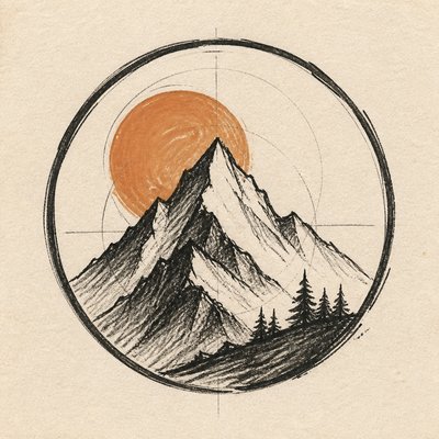 an emblem of a mountain peak inside a circle, simple bold shapes on a plain background, no text or lettering