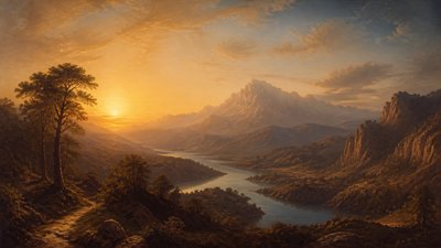 a vast valley with a river winding toward distant mountains at sunrise, no people, no text