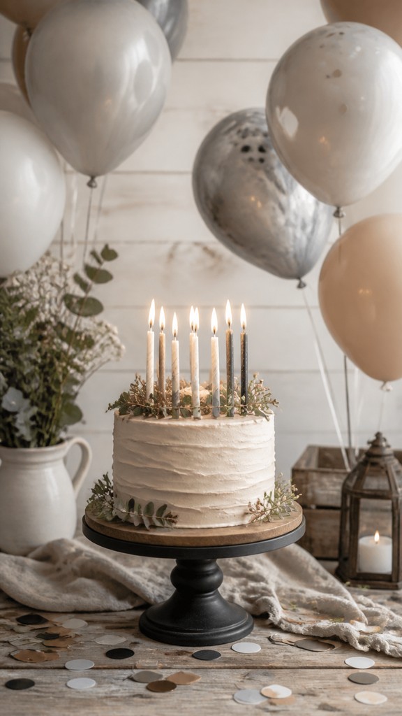 a birthday cake with lit candles surrounded by balloons and confetti, festive vertical composition, no text