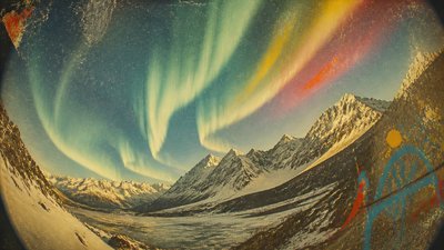 a flowing aurora over snowy peaks, wide sweeping composition, no people, no text