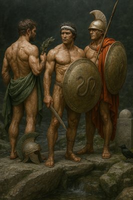 a painting of three men standing next to each other