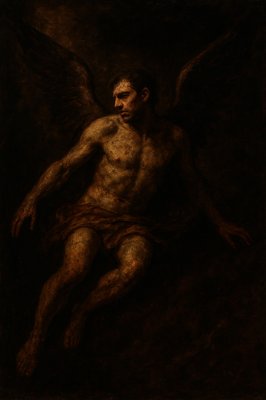 a painting of a man with an angel on his back