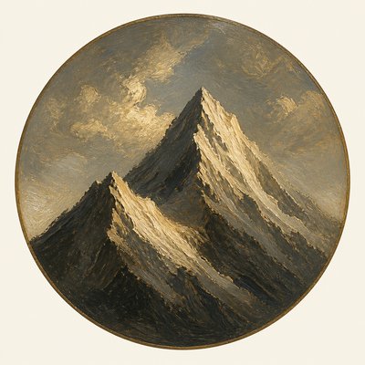 an emblem of a mountain peak inside a circle, simple bold shapes on a plain background, no text or lettering
